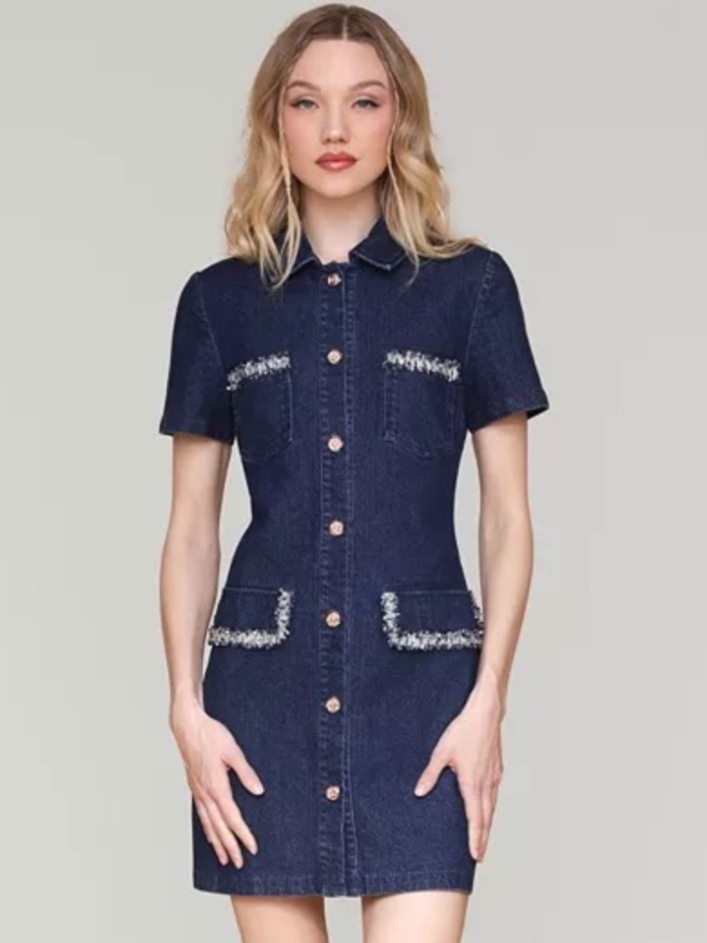 Avec Les Filles Women's Collared Button-Front Mini Denim Dress